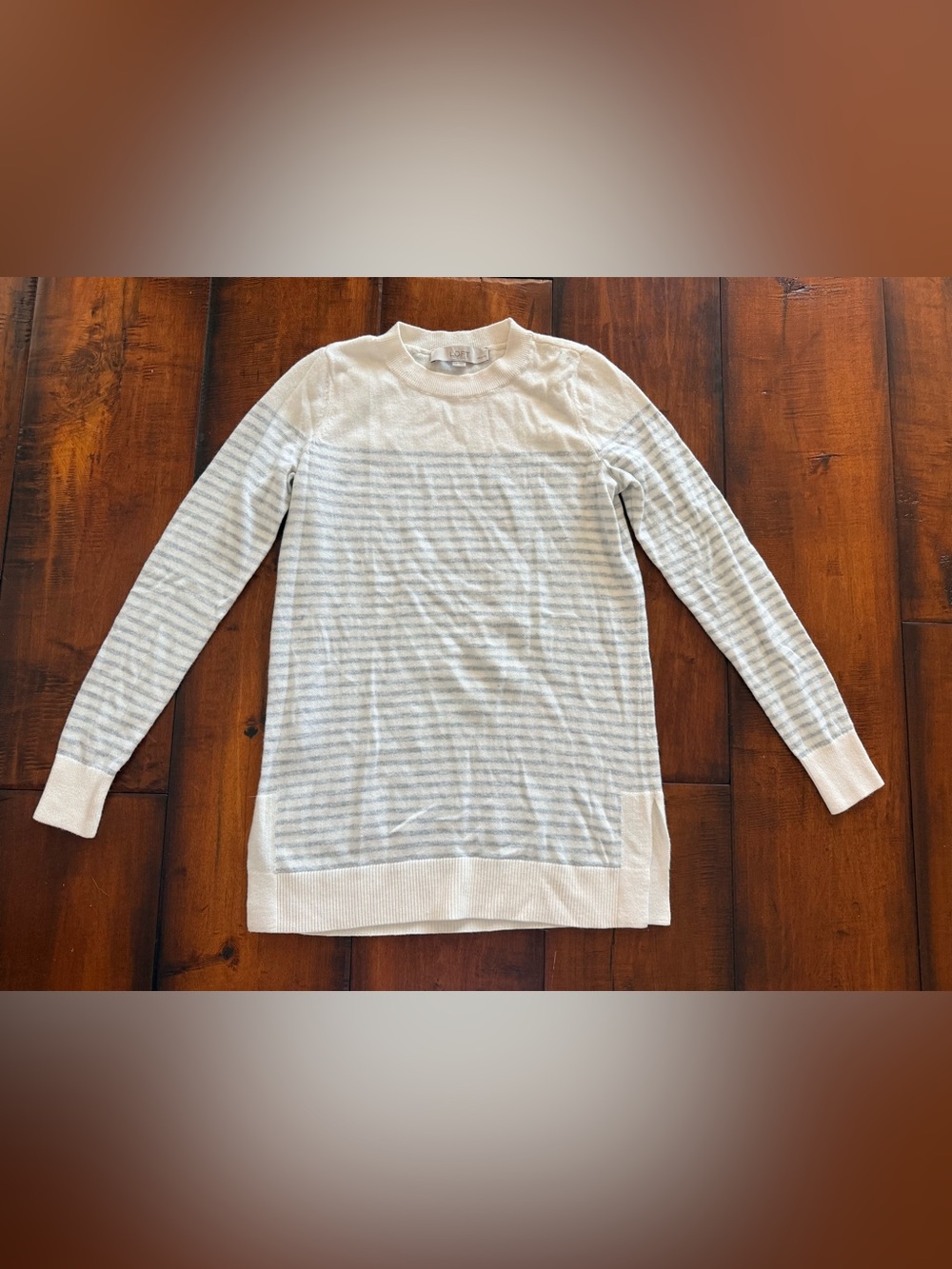 LOFT Cream & Light Blue Striped Crewneck Sweater